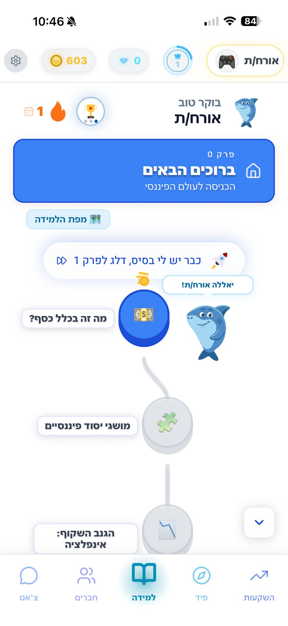 מסך הלמידה הראשי של אפליקציית FinPlay — נתיב כשורי משחקי